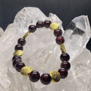 Garnet with gold finished pewter mandala beads Bracelet